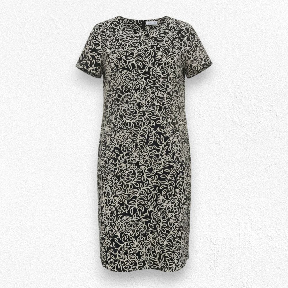 Vintage 1990s Black Gold Floral Straight Workwear Midi Dress Size 16 NWT